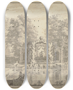 Triptych art skateboard deck of Isaac De Moucheron Wasserkunst In Einem Park In Der Mitte Ein Knstliches Felsentor Mit Einem Neptun Rechts Auf Dem Teich Eine Gondel by Isaac de Moucheron (1667-1744)
