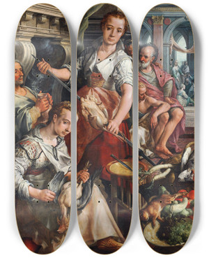 Triptych art skateboard deck of Joachim Beuckelaer The Wellstocked Kitchen With Jesus In The House Of Martha And Mary In The Background by Joachim Beuckelaer (1530-1574)