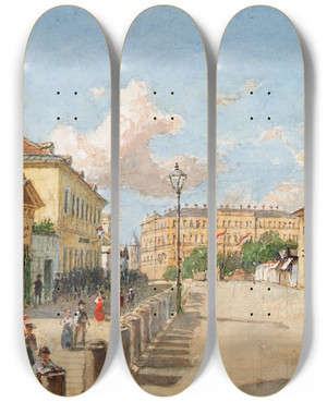 Triptych art skateboard deck of Franz Reinhold Die Mariahilfer Linie In Wien by Franz Reinhold (1816-1893)