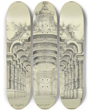 Triptych art skateboard deck of Ferdinando Galli Bibiena Eine Groe Halle Mit Einem Baldachin Berbaut Unter Welchem Ein Wappen Zu Sehen Ist Rechts Und Links Zwei Faune In Trompeten Stoend by Ferdinando Galli Bibiena (1657-1743)