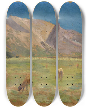 Triptych art skateboard deck of Ernst Schiess Grazing Sheep In Front Of Bare Hills by Ernst Schiess (1872-1919)