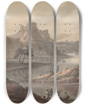 Triptych art skateboard deck of Robert Adam River Landscape With A Castle by Robert Adam (1728-1792)