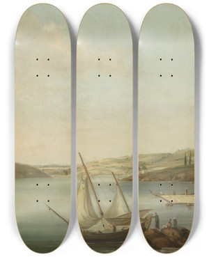 Triptych art skateboard deck of Antoine Van Der Steen View Of The Bosporus Taken From The Height Of Beykoz To The Northwest With The Aqueduct Of Justinian In The Background by Antoine van der Steen (18-)