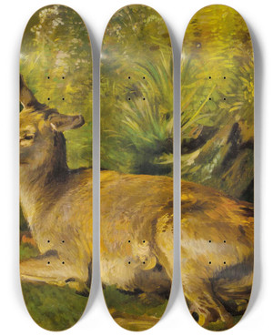 Triptych art skateboard deck of Franz Xaver Von Pausinger Ruhende Hirschkuh by Franz Xaver von Pausinger (1839-1915)