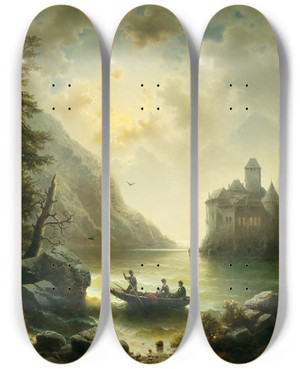 Triptych art skateboard deck of Albert Rieger Crossing In A Moonlit Night by Albert Rieger (1934-1905)
