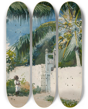 Triptych art skateboard deck of Winslow Homer A Garden In Nassau by Winslow Homer (1836-1910)