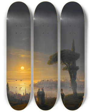 Triptych art skateboard deck of Ivan Konstantinovich Aivazovsky The Galata Tower By Moonlight by Ivan Konstantinovich Aivazovsky (1817-1900)