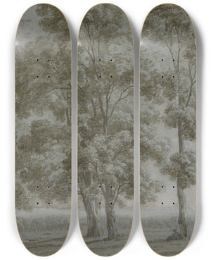 Triptych art skateboard deck of Marquard Wocher Gruppe Von Fnf Hohen Bumen Mit Durchblick Auf Eine Weite Landschaft Rechts Vorne Eine Sitzende Und Eine Stehende Frau Und Ein Kind by Marquard Wocher (1760-1830)