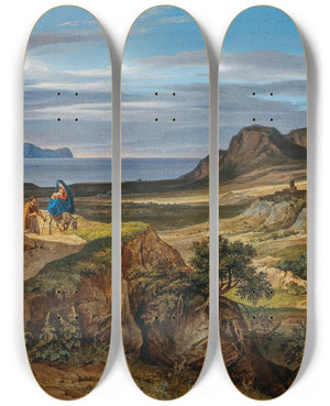 Triptych art skateboard deck of Heinrich Reinhold The Flight Into Egypt by Heinrich Reinhold (1788-1825)