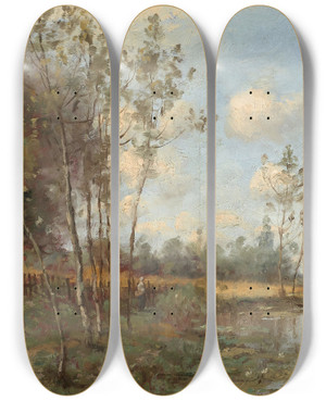Triptych art skateboard deck of Paul Dsir Trouillebert Lyvre Au Moulin Rabot by Paul Desire Trouillebert (1829-1900)
