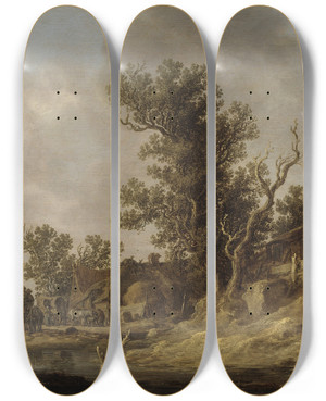 Triptych art skateboard deck of Jan Van Goyen Resting At A Tavern by Jan Van Goyen (1596-1656)