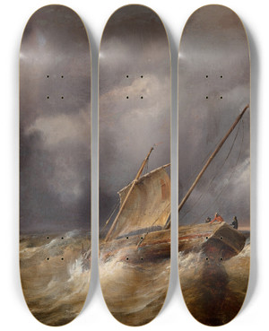 Triptych art skateboard deck of Thodore Gudin La Tempte by Theodore Gudin (1802-1880)