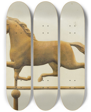 Triptych art skateboard deck of Gertrude Koch Running Horse Weather Vane by Gertrude Koch