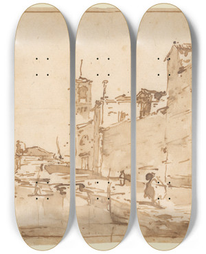Triptych art skateboard deck of Francesco Guardi A Venetian Capriccio A Rio Leading To A Bridge by Francesco Guardi (1712-1793)