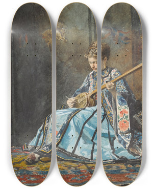 Triptych art skateboard deck of Alexandrelouis Leloir The Lute Player by Alexandre-Louis Leloir (1843-1884)