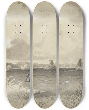 Triptych art skateboard deck of Michel Jean Cazabon The Pitch Lake by Michel Jean Cazabon (1813-1888)