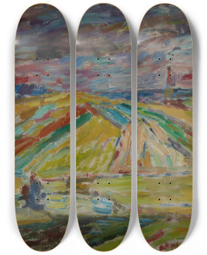 Triptych art skateboard deck of Sasza Blonder Landscape With A Patchwork Of Fields by Sasza Blonder (1909-1949)