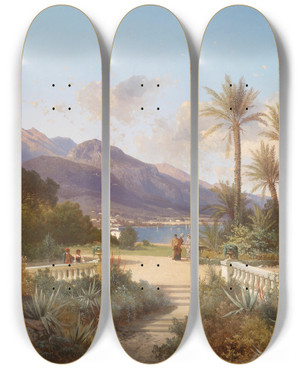 Triptych art skateboard deck of Carl Hasch Motiv Aus Dem Sden by Carl Hasch (1834-1897)