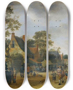 Triptych art skateboard deck of Salomon Rombouts A Village Kermesse With Numerous Figures And Market Stalls by Salomon Rombouts (1655-1702)