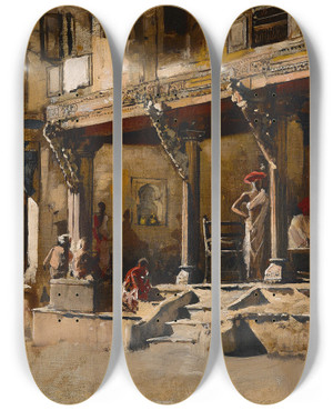 Triptych art skateboard deck of Edwin Lord Weeks Merchants Along A Street In Bombay by Edwin Lord Weeks (1849-1903)