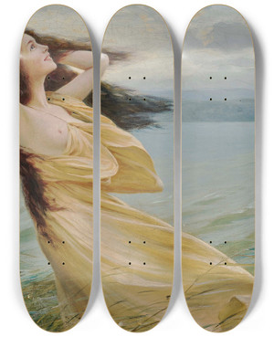 Triptych art skateboard deck of Max Nonnenbruch Young Woman By The Water by Max Nonnenbruch (1857-1922)