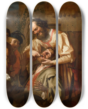 Triptych art skateboard deck of Gerard Van Honthorst The Tooth Puller by Gerard Van Honthorst (1592-1656)