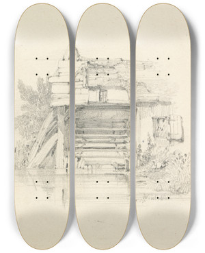 Triptych art skateboard deck of William Callow Watermill by William Callow (1812-1908)