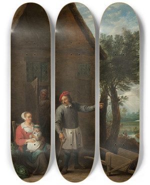 Triptych art skateboard deck of David Teniers The Younger Husbandman At A Cottage Door With A Seated Woman And Child by David Teniers The Younger (1610-1690)