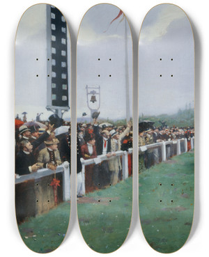 Triptych art skateboard deck of Jean Braud Courses Longchamp Larrive Au Poteau by Jean Beraud (1849-1935)