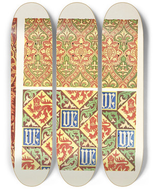 Triptych art skateboard deck of John Charles Robinson Brocade For Upholstery Work And Wall Papers In The Style Of The Fifteenth Century by John Charles Robinson (1824-1913)