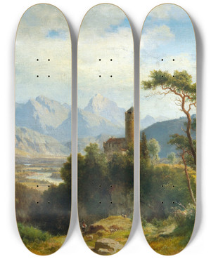 Triptych art skateboard deck of Ludwig Halauska View Of Castle Klamm In The Oberinntal With A View Of The Sulstein by Ludwig Halauska (1827-1882)