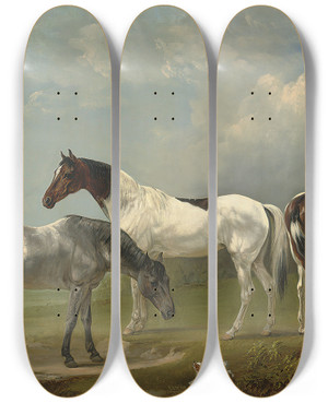 Triptych art skateboard deck of Edmund Bristow Two Skewbalds A Grey And Spaniel In An Extensive Landscape A Country House Beyond by Edmund Bristow (1787-1876)