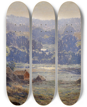 Triptych art skateboard deck of Leonard Ochtman A Morning In Summer by Leonard Ochtman (1854-1935)