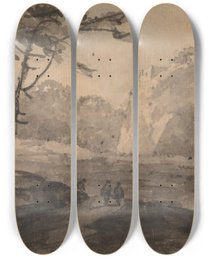 Triptych art skateboard deck of William Gilpin Landscape With Three Figures On A Road by William Gilpin (1724-1804)