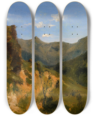 Triptych art skateboard deck of Thodore Rousseau Valley In The Auvergne Mountains by Theodore Rousseau (1812-1867)