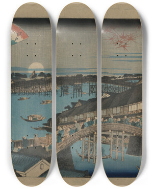 Triptych art skateboard deck of Keisai Eisen Rygokubashi No Sekisho by Keisai Eisen (1790-1848)