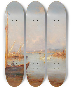 Triptych art skateboard deck of Henry Malfroy A View Of A Southern Harbour by Henry Malfroy (1895-1944)