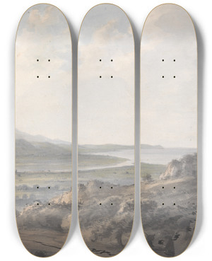 Triptych art skateboard deck of Edward Dayes Coast Scene With Mouth Of A River by Edward Dayes (1763-1804)