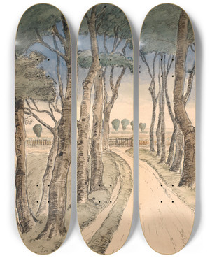 Triptych art skateboard deck of Johan Rohde Field Landscape In The Foreground A Road With Trees by Johan Rohde (1856-1935)