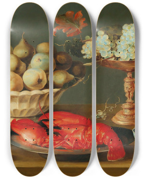 Triptych art skateboard deck of Jacob Foppens Van Es Still Life With A Lobster Fruit And A Gilded Tazza by Jacob Foppens Van Es (1596-1666)