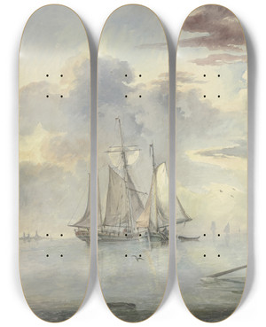Triptych art skateboard deck of Leendert De Koningh Ruhige See Die Sonne Geht Auf Im Vordergrund Steuert Ein Boot Mit Mehreren Personen Zwei Schiffen Zu Rechts Am Ufer Die Laterne by Leendert de Koningh (1777-1849)