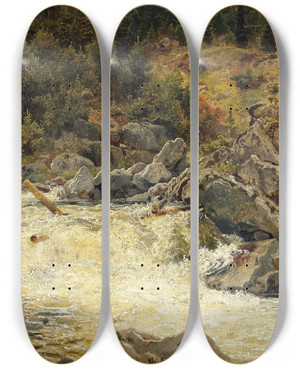 Triptych art skateboard deck of Hans Gude Waterfall In Hallingdal_1 by Hans Gude (1825-1903)
