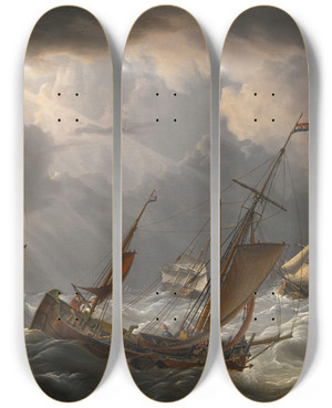 Triptych art skateboard deck of Charles Martin Powell Shipping In A Storm by Charles Martin Powell (1775-1824)