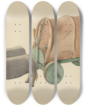 Triptych art skateboard deck of Eugene Bartz Miniature Oxcart by Eugene Bartz