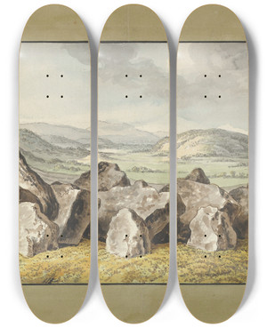 Triptych art skateboard deck of Johann Heinrich Wilhelm Tischbein A Prehistoric Stone Circle On A Mound An Extensive Landscape Beyond_2 by Johann Heinrich Wilhelm Tischbein (1751-1829)