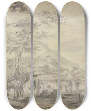 Triptych art skateboard deck of Jan Both River Landscape With Figures by Jan Both (1618-1652)