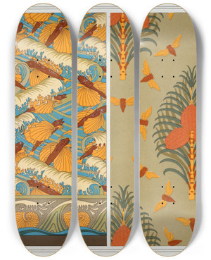 Triptych art skateboard deck of Maurice Pillard Verneuil Poissons Volants Et Vagues Papier Peint Cigales Et Pin Papier Peint Coquilles De Nautiles Bordure by Maurice Pillard Verneuil (1869-1942)