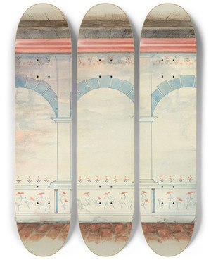 Triptych art skateboard deck of Geoffrey Holt And Harry Mann Waddell Restoration Drawing Wall Painting_2 by Geoffrey Holt And Harry Mann Waddell