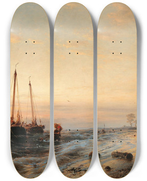Triptych art skateboard deck of Eduard Hildebrandt The Arrival Of The Fishing Boats by Eduard Hildebrandt (1818-1869)