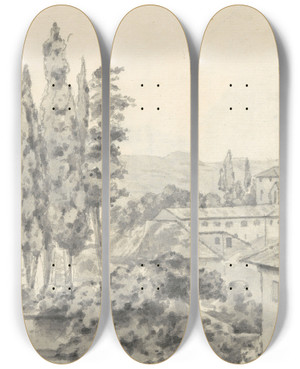Triptych art skateboard deck of Joseph Wright Of Derby Landscape With Villas And A Church by Joseph Wright Of Derby (1734-1797)